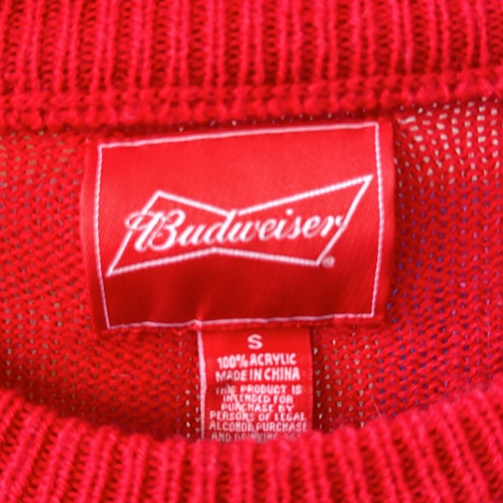 Budweiser Red/White Logo Printed Holiday Sweater Ugly Sweater size SMALL EUC - Picture 2 of 4